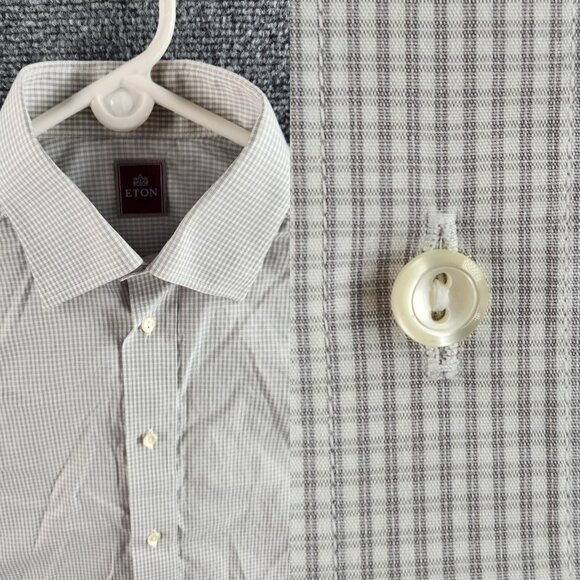 Eton Size 15 Button Up Shirt Long Sleeve Cotton Designer French Cuff Gray Check - Picture 1 of 16